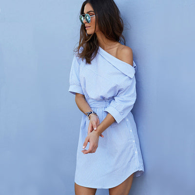 One shoulder Blue striped women Shirt