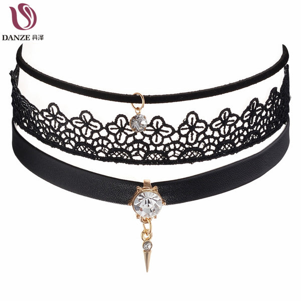 Danze 3 Pcs Set Steampunk Crystal Stone Pendant Leather Necklaces For Women