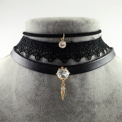 Danze 3 Pcs Set Steampunk Crystal Stone Pendant Leather Necklaces For Women