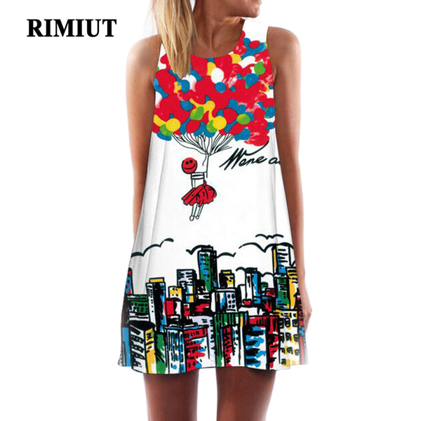 RIMIUT 2017 Digital Printing Multi-Element Sleeveless Loose Dress Casual Women Summer Beach Mini Dresses Plus Size S - 2XL dress