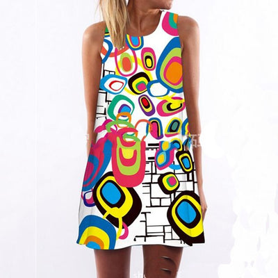 RIMIUT 2017 Digital Printing Multi-Element Sleeveless Loose Dress Casual Women Summer Beach Mini Dresses Plus Size S - 2XL dress