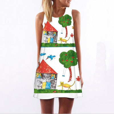 RIMIUT 2017 Digital Printing Multi-Element Sleeveless Loose Dress Casual Women Summer Beach Mini Dresses Plus Size S - 2XL dress