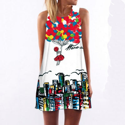 RIMIUT 2017 Digital Printing Multi-Element Sleeveless Loose Dress Casual Women Summer Beach Mini Dresses Plus Size S - 2XL dress
