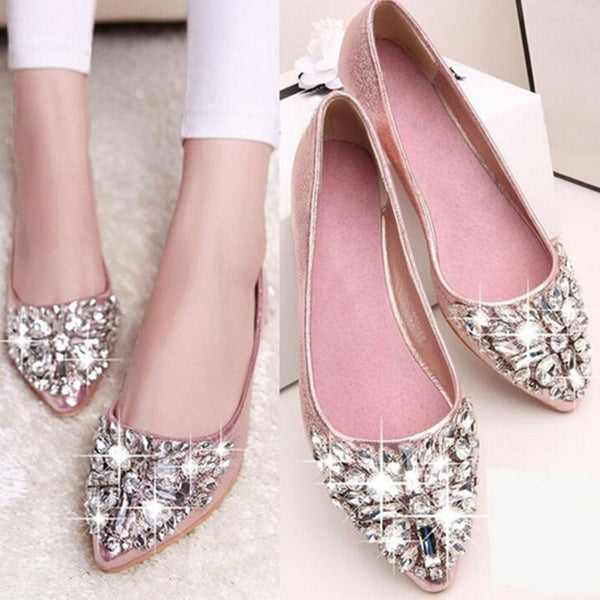 2016 Summer Women Crystal Flats Shoes Fashion Flats for Women Pointed Toe Soft Flat Heel Shoes Rhinestone Flats Plus Size 35-40