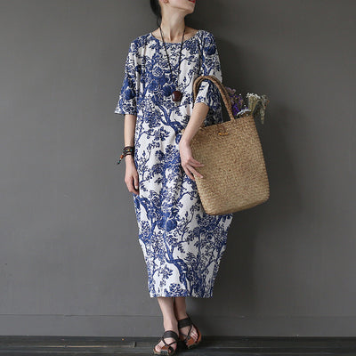 Johnature Cotton Linen Vintage Flower Pint Women Dress Half Sleeve O-neck Washed Plus Size Loose 2017 New Spring Women Robe