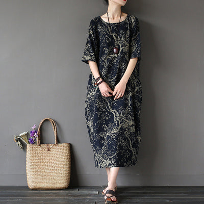 Johnature Cotton Linen Vintage Flower Pint Women Dress Half Sleeve O-neck Washed Plus Size Loose 2017 New Spring Women Robe
