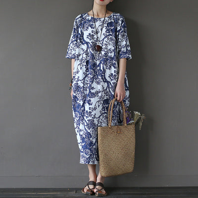 Johnature Cotton Linen Vintage Flower Pint Women Dress Half Sleeve O-neck Washed Plus Size Loose 2017 New Spring Women Robe