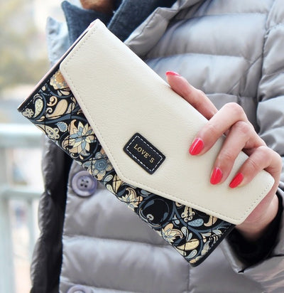 YOUYOU MOUSE Envelope Women Wallet Hit Color 3Fold Flowers Printing 5Colors PU Leather Wallet Long Ladies Clutch Coin Purse