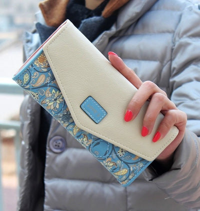 YOUYOU MOUSE Envelope Women Wallet Hit Color 3Fold Flowers Printing 5Colors PU Leather Wallet Long Ladies Clutch Coin Purse