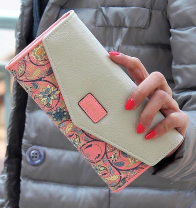 YOUYOU MOUSE Envelope Women Wallet Hit Color 3Fold Flowers Printing 5Colors PU Leather Wallet Long Ladies Clutch Coin Purse