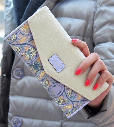 YOUYOU MOUSE Envelope Women Wallet Hit Color 3Fold Flowers Printing 5Colors PU Leather Wallet Long Ladies Clutch Coin Purse