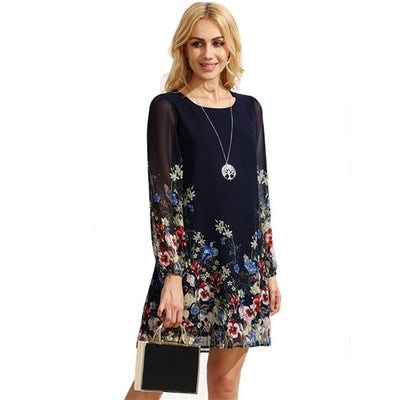 SHEIN Casual Autumn Boho Dresses for Women Multicolor Round Neck Long Sleeve Floral Print Straight Chiffon Dress